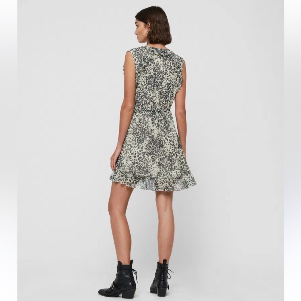 All Saints Priya patch animal print Ruffled Wrap Mini Dress Sz small S - Picture 2 of 12